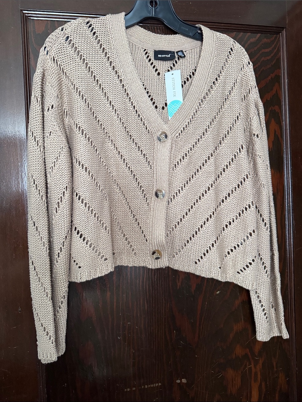 RD Style Raya Taupe Open-Knit Chevron Button Cardigan